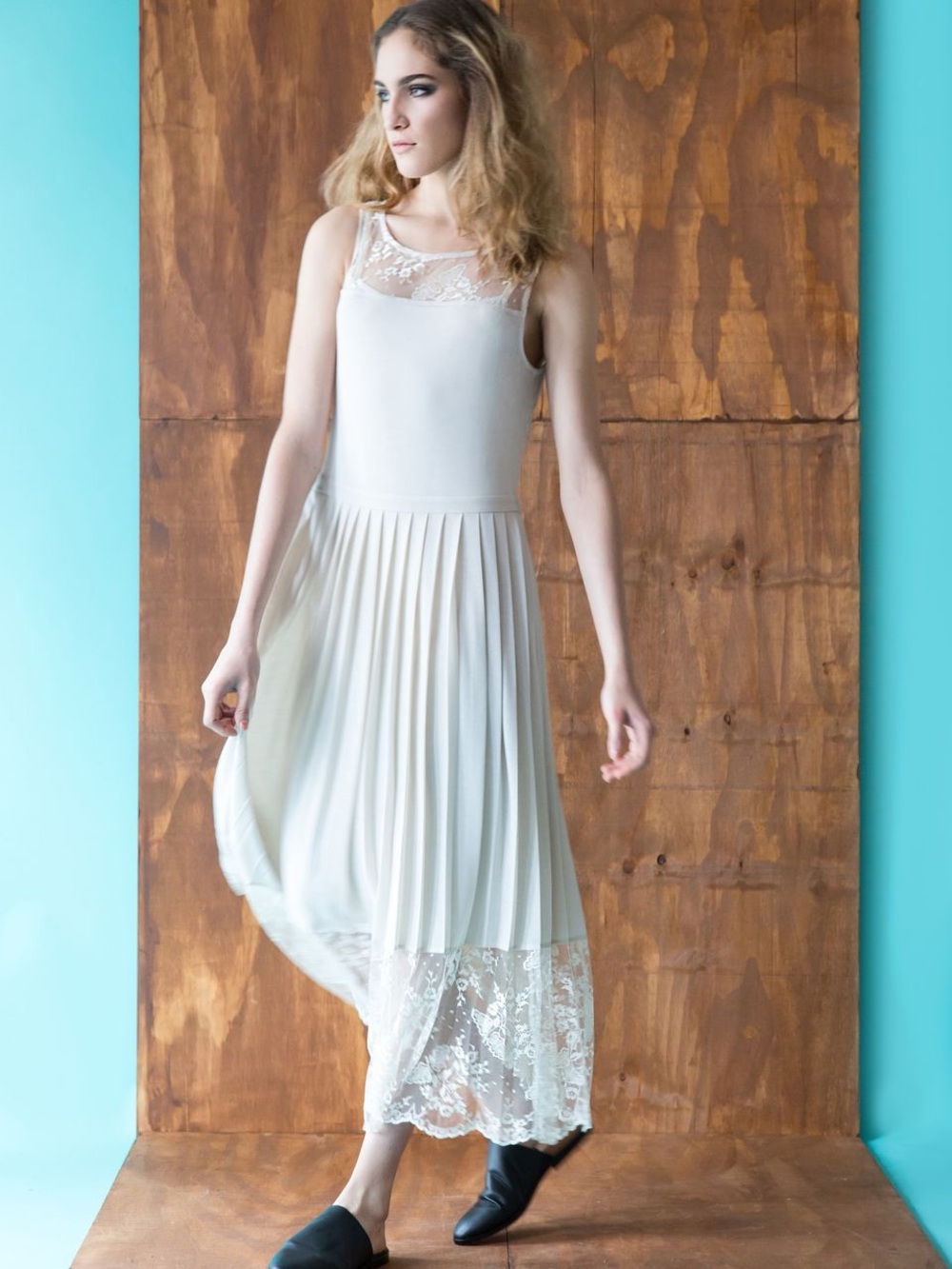 Tracy Reese Ivory Lace-Yoke Pleated Dress